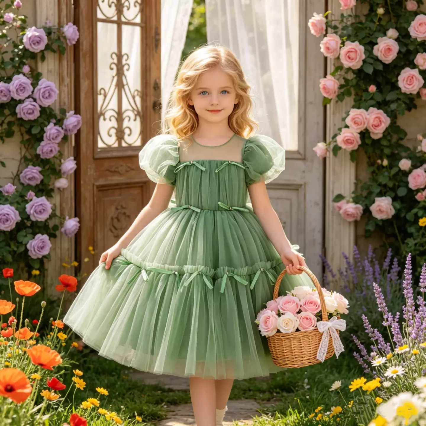 Girls Sage Green Tiered Tulle Party Dress with Puff Sleeves and Ribbon Trim 9147