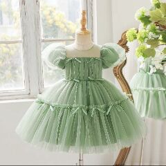 Girls Sage Green Tiered Tulle Party Dress with Puff Sleeves and Ribbon Trim 9147