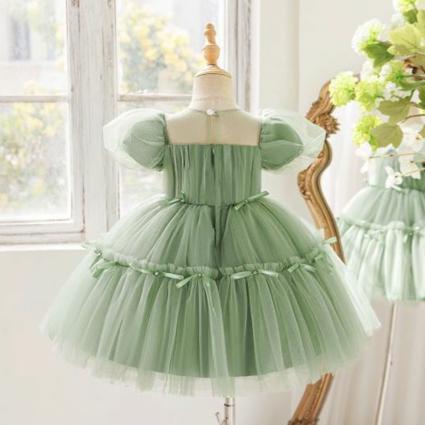 Girls Sage Green Tiered Tulle Party Dress with Puff Sleeves and Ribbon Trim 9147