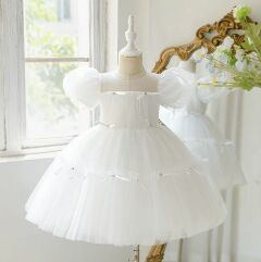 Girls White Tiered Tulle Party Dress with Puff Sleeves and Ribbon Trim 9148