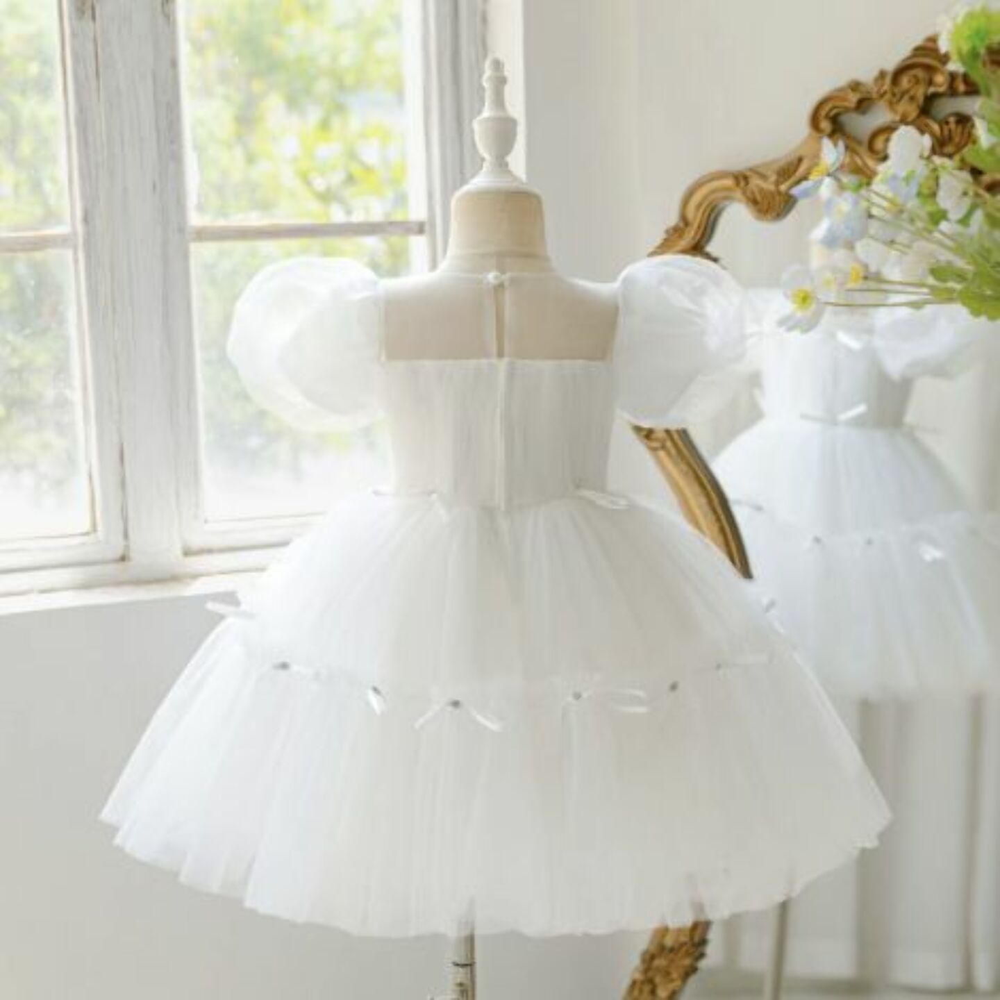 Girls White Tiered Tulle Party Dress with Puff Sleeves and Ribbon Trim 9148