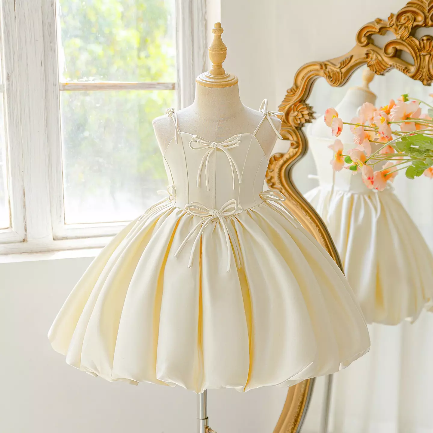 Girls Champagne Bubble Hem Party Dress with Bow Straps - Haeley