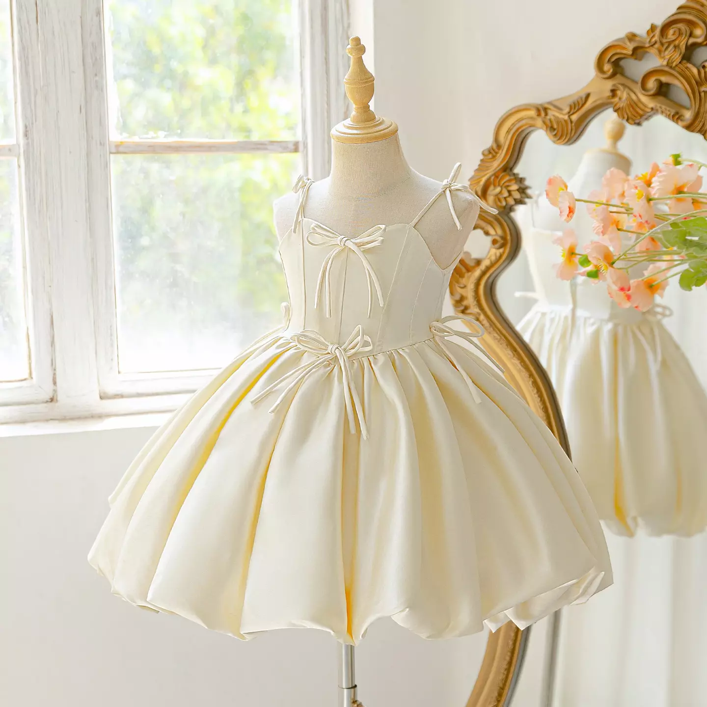 Girls Champagne Bubble Hem Party Dress with Bow Straps - Haeley