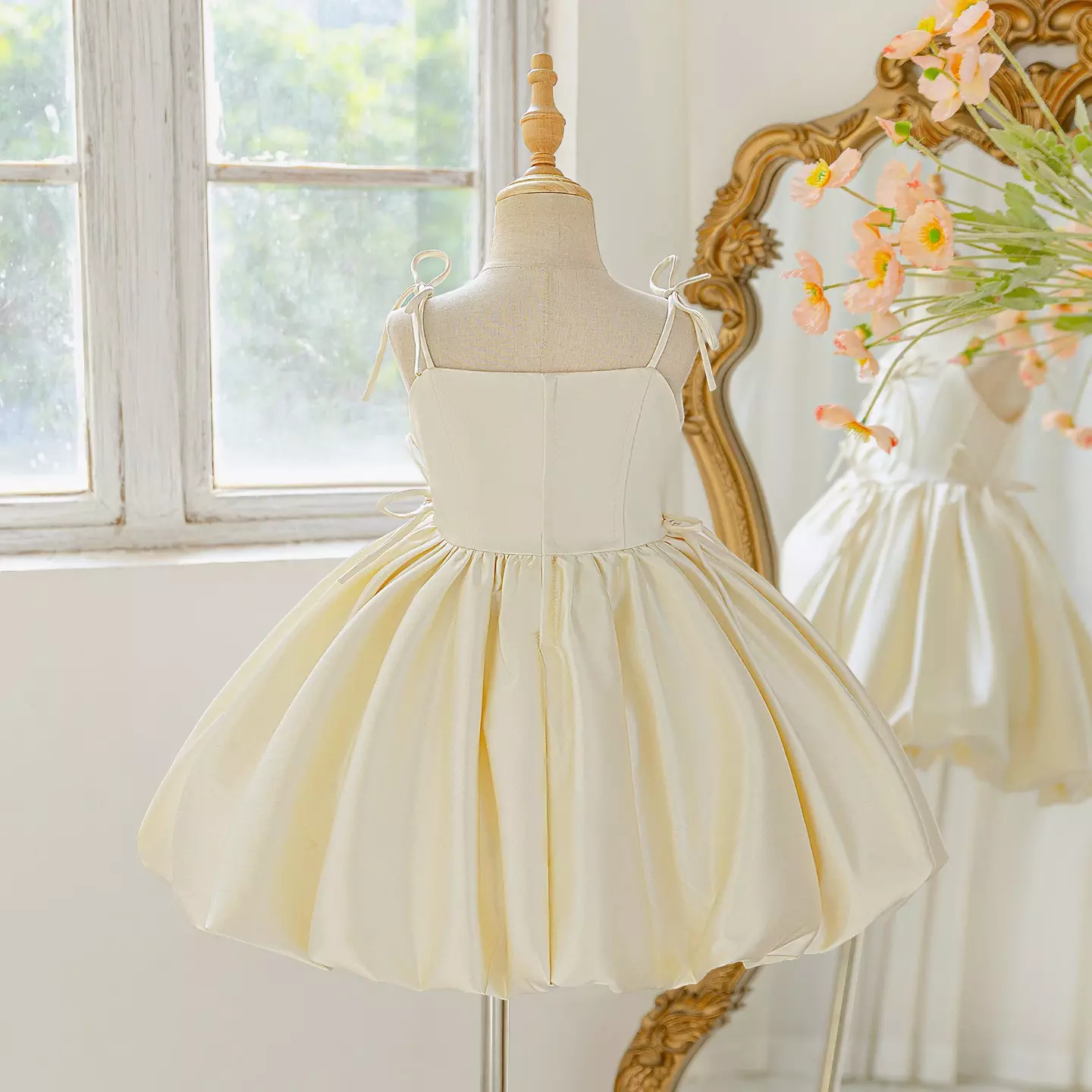 Girls Champagne Bubble Hem Party Dress with Bow Straps - Haeley