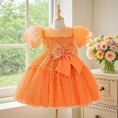 Abbie Orange Puff Sleeve Party Dress for Girls