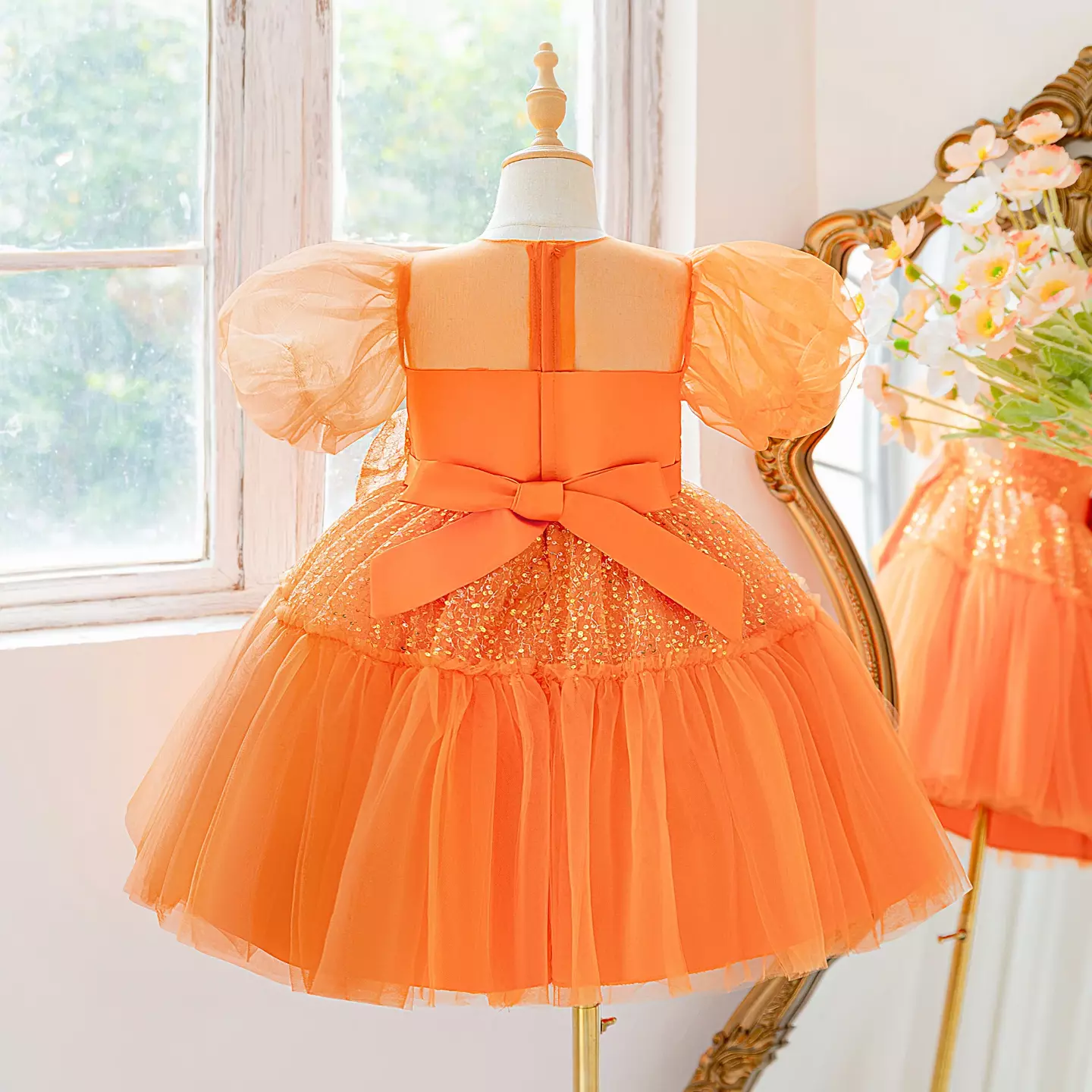Abbie Orange Puff Sleeve Party Dress for Girls