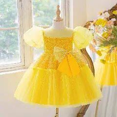 Abbie Yellow Puff Sleeve Party Dress for Girls
