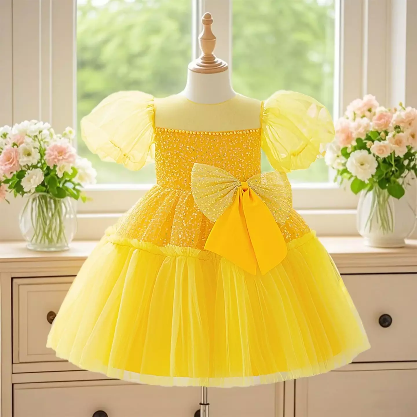 Abbie Yellow Puff Sleeve Party Dress for Girls