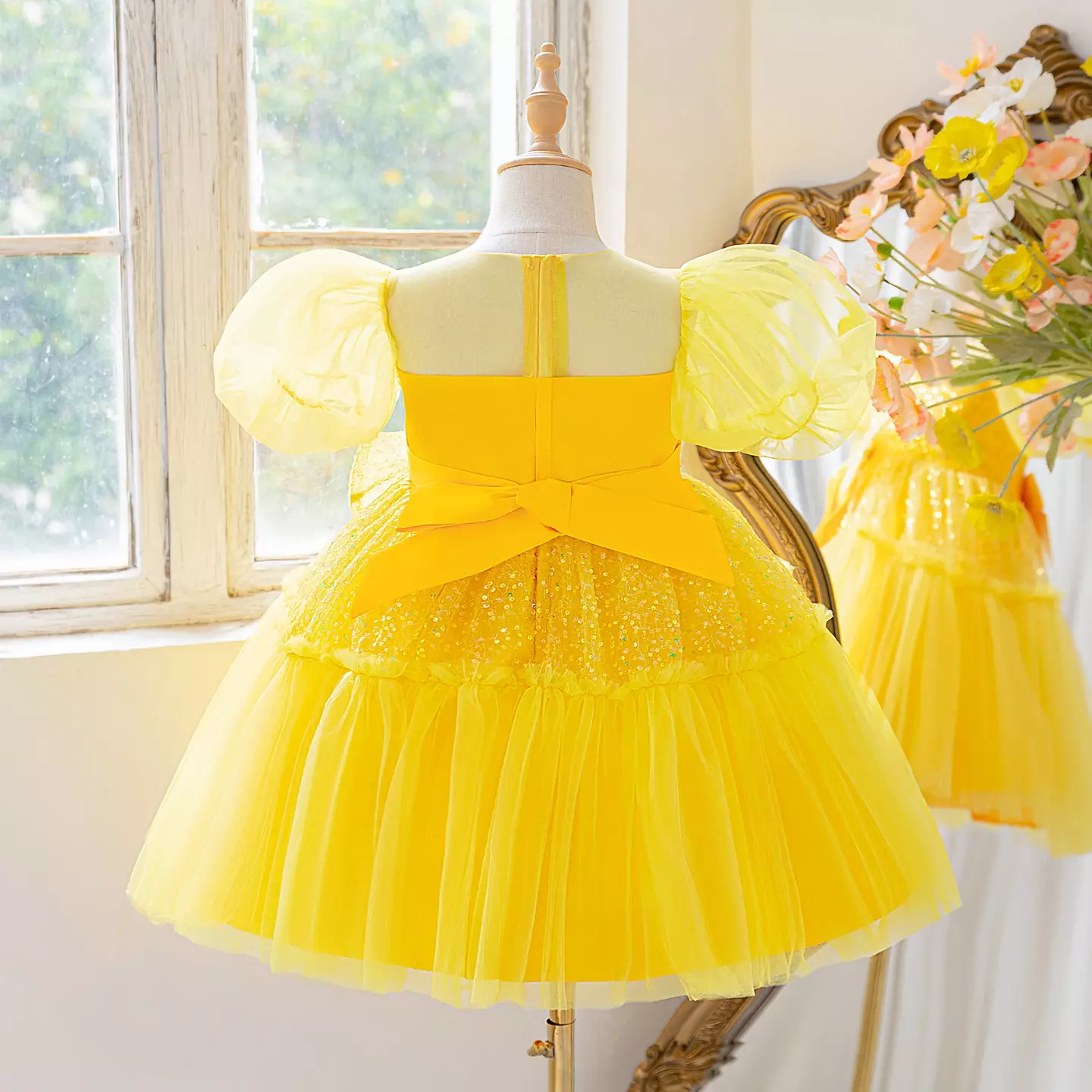 Abbie Yellow Puff Sleeve Party Dress for Girls