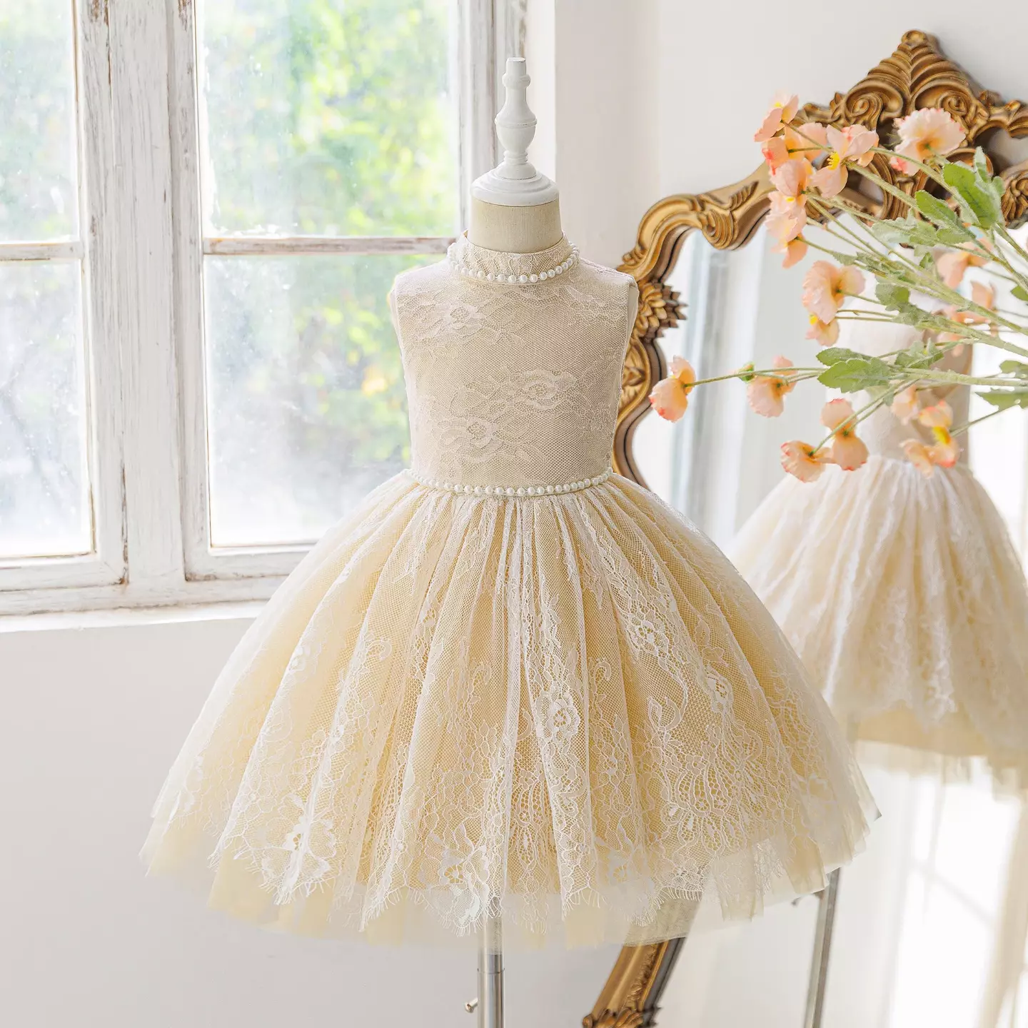 Dress - Mallory (Beige Beaded Tulle Party Dress)