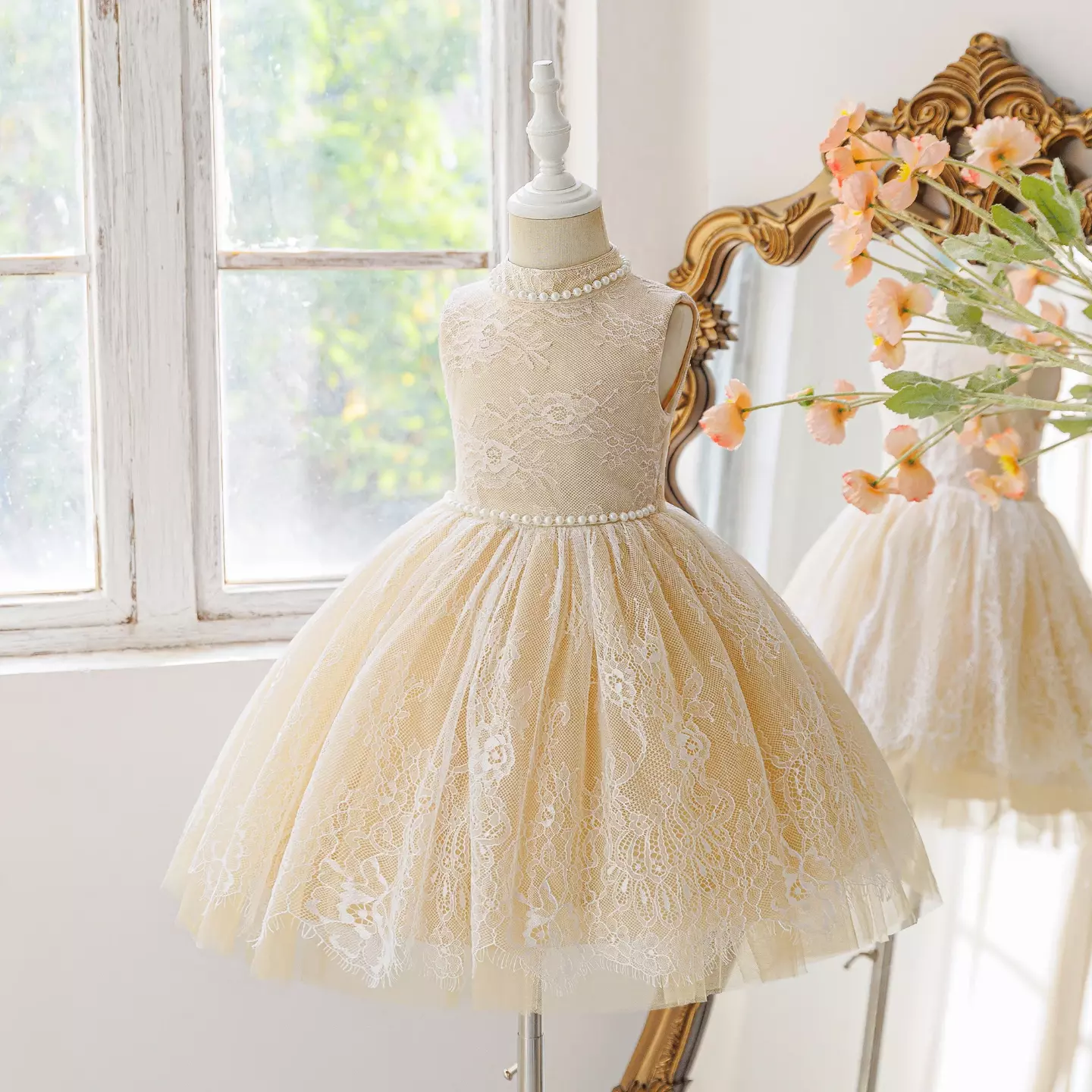 Dress - Mallory (Beige Beaded Tulle Party Dress)