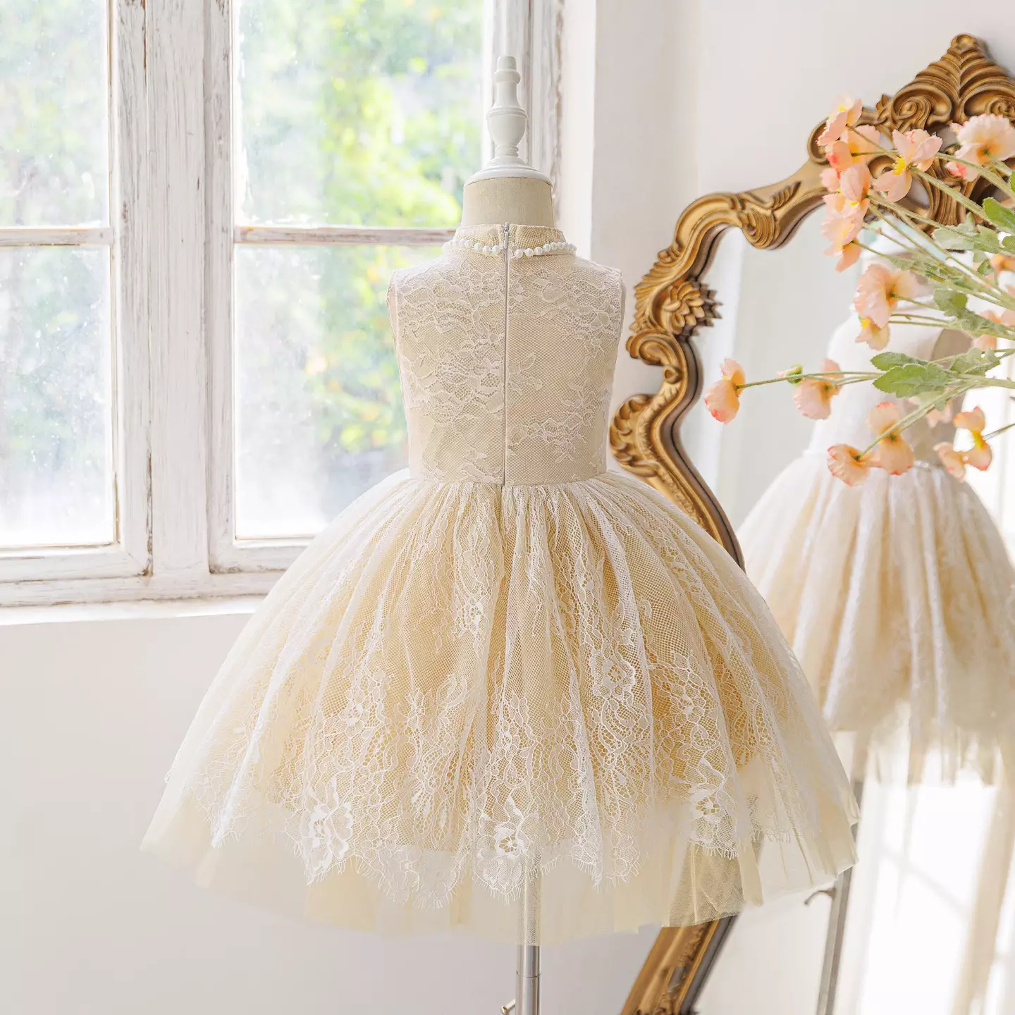 Dress - Mallory (Beige Beaded Tulle Party Dress)