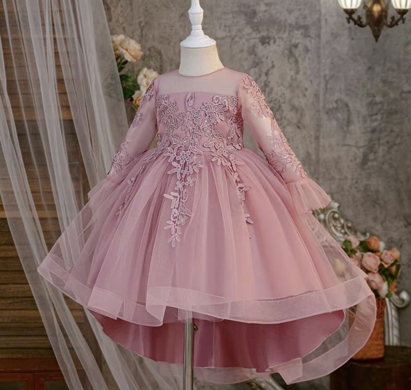 Keira Dusty Pink Flower Girl Dress - Long Sleeve Lace Tulle Party Dress