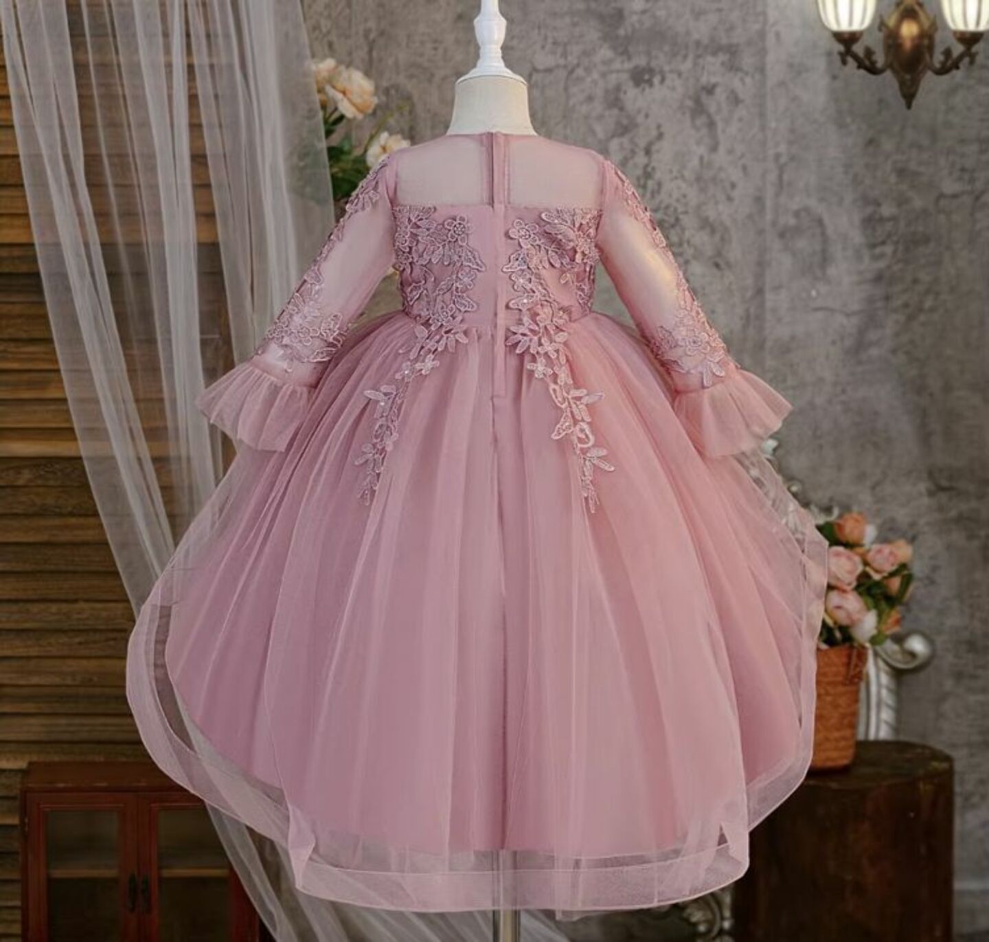 Keira Dusty Pink Flower Girl Dress - Long Sleeve Lace Tulle Party Dress