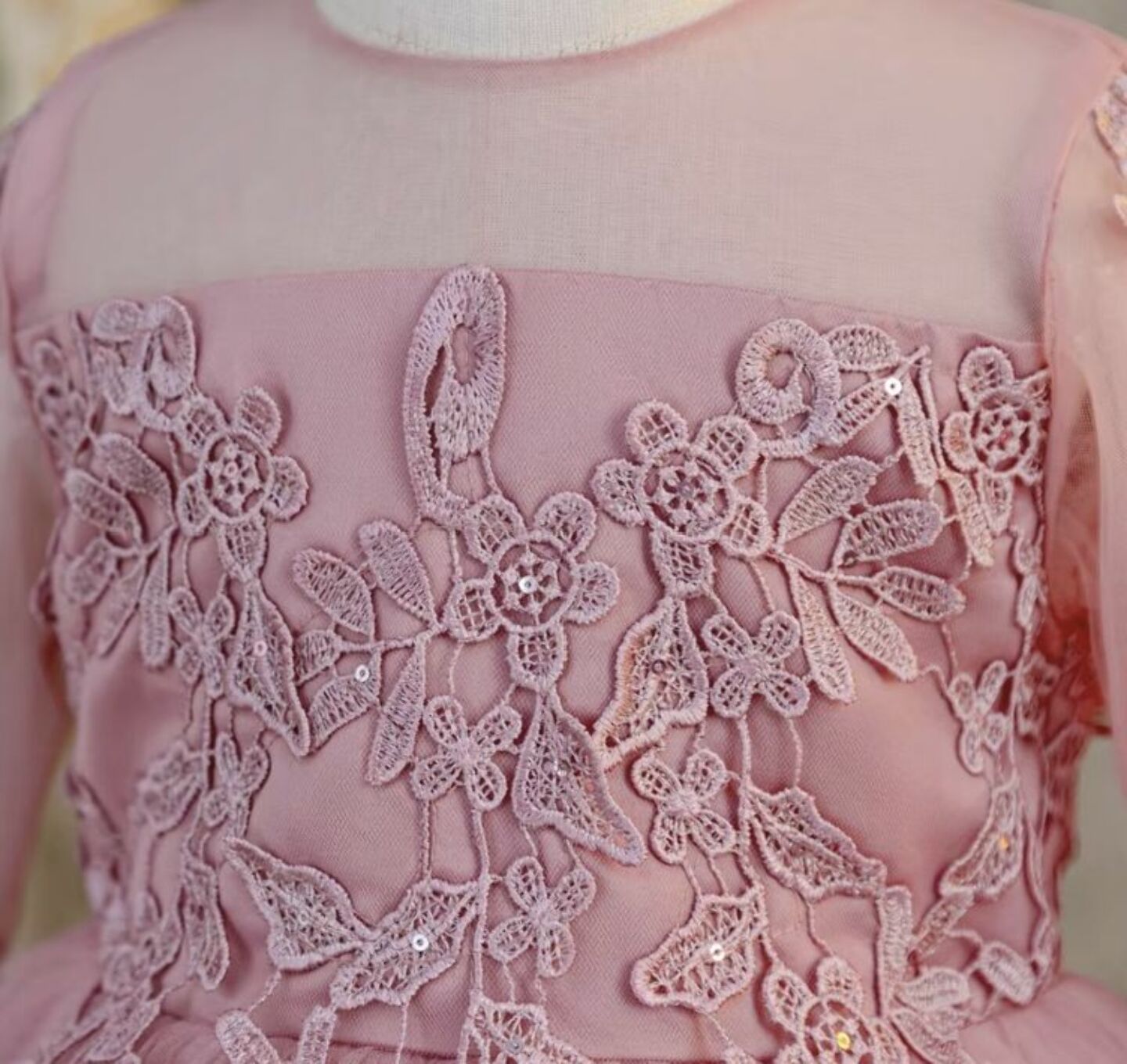 Keira Dusty Pink Flower Girl Dress - Long Sleeve Lace Tulle Party Dress