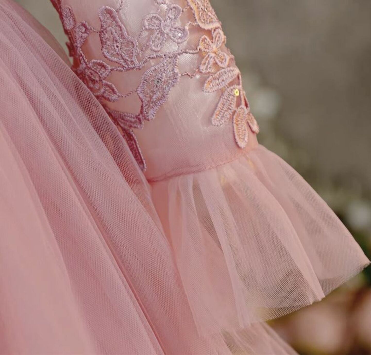 Keira Dusty Pink Flower Girl Dress - Long Sleeve Lace Tulle Party Dress