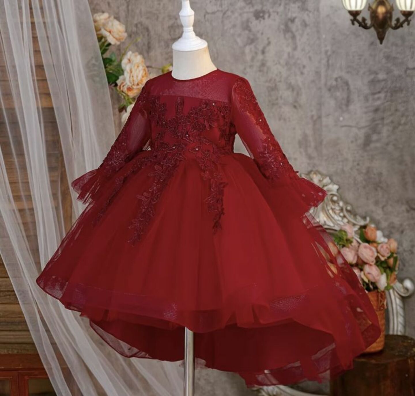 Keira Maroon Flower Girl Dress - Long Sleeve Lace Tulle Party Dress
