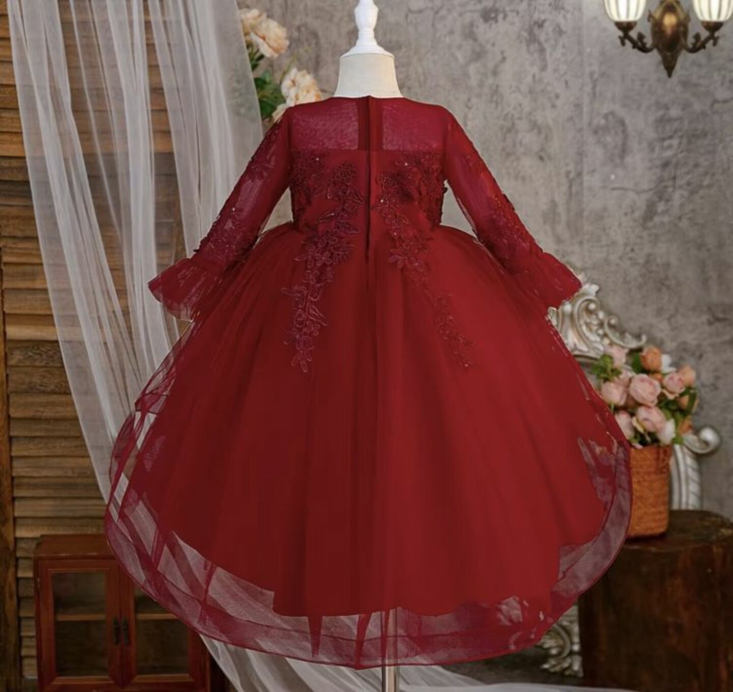 Keira Maroon Flower Girl Dress - Long Sleeve Lace Tulle Party Dress