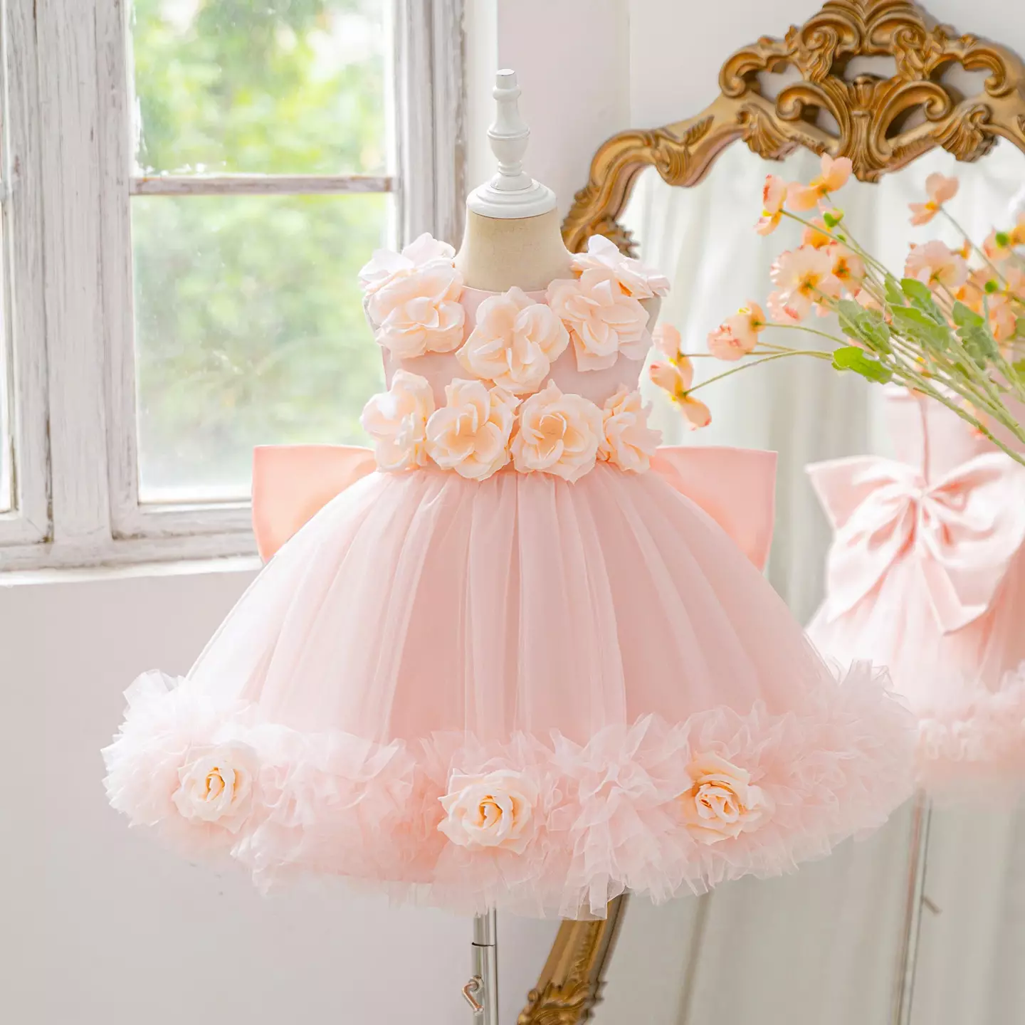Margot Peach Pink 3D Floral Tulle Party Dress with Satin Bow for Girls
