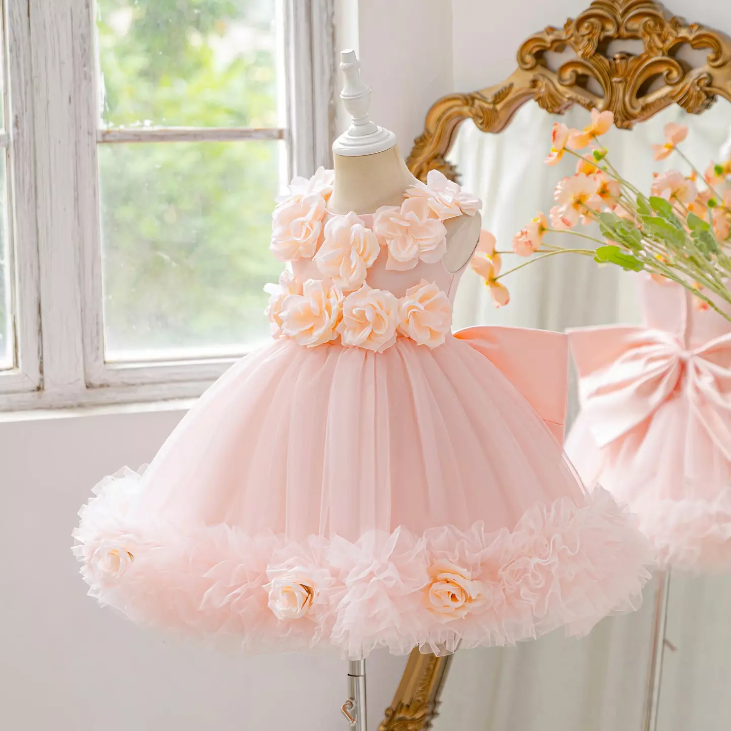 Margot Peach Pink 3D Floral Tulle Party Dress with Satin Bow for Girls
