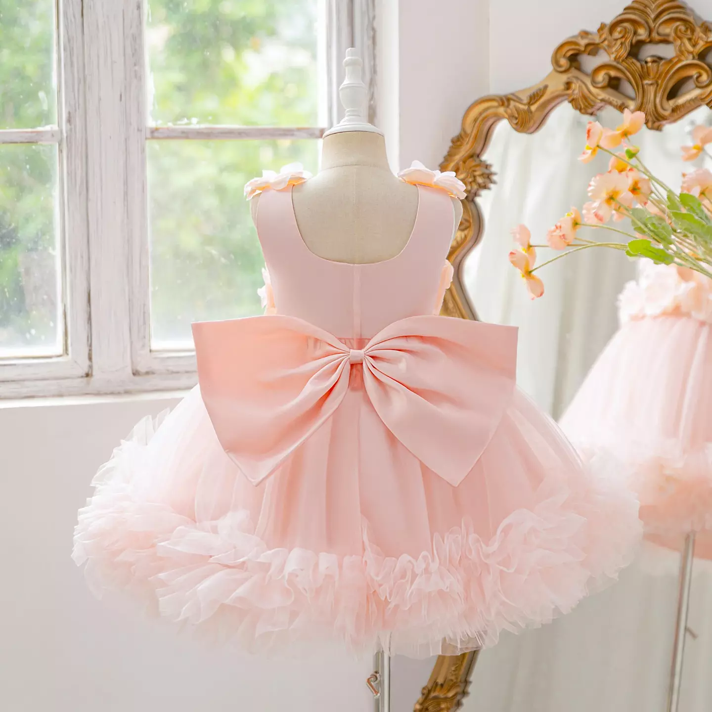 Margot Peach Pink 3D Floral Tulle Party Dress with Satin Bow for Girls