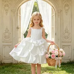 Kiernan White Pickup Hem Satin Flower Girl Dress for Girls