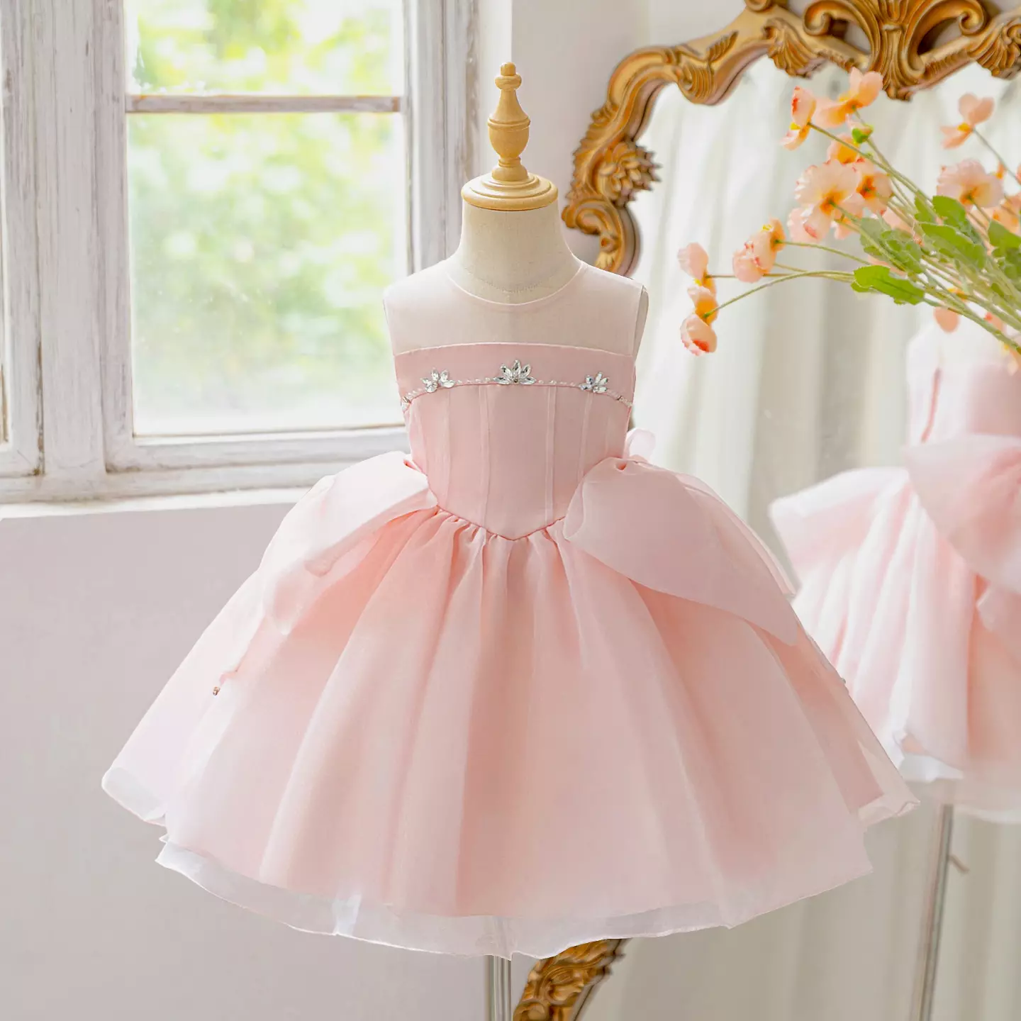 Kayla Peach Pink Knee-Length Party Dress with Tulle Skirt & Bow for Girls