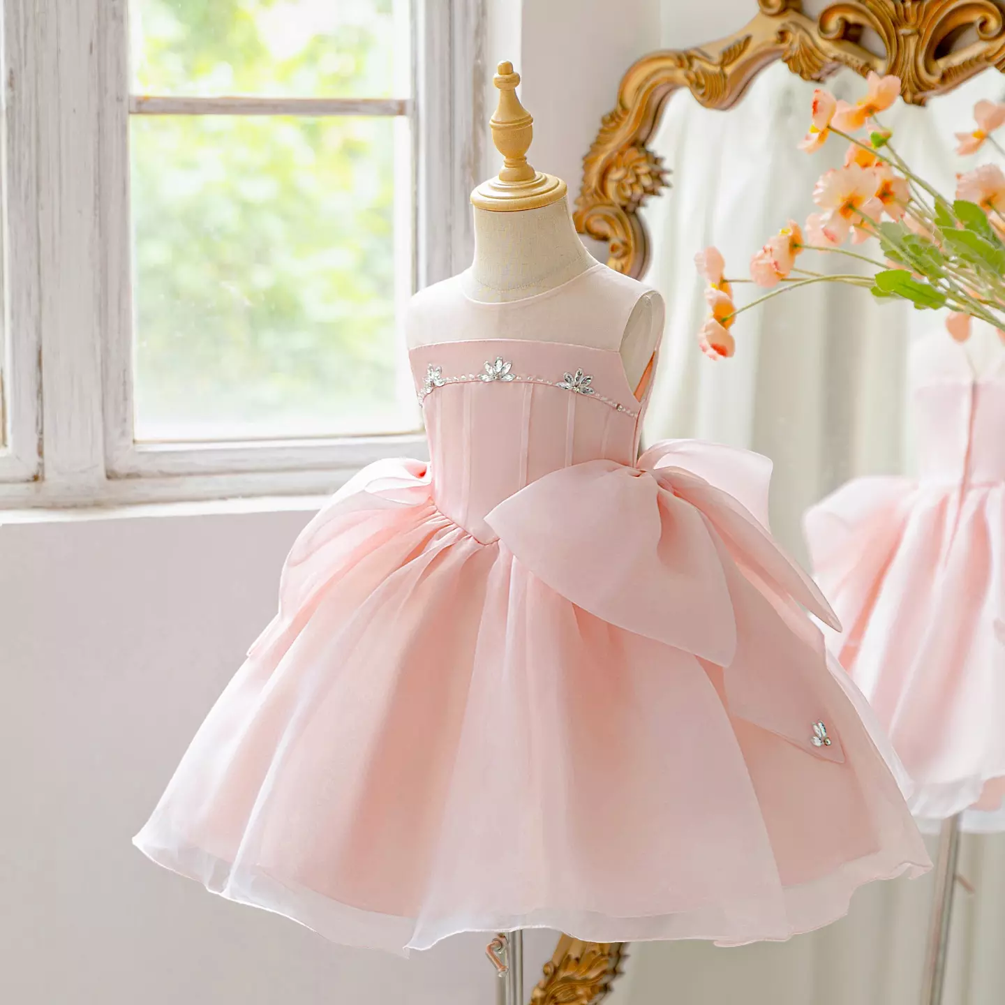 Kayla Peach Pink Knee-Length Party Dress with Tulle Skirt & Bow for Girls