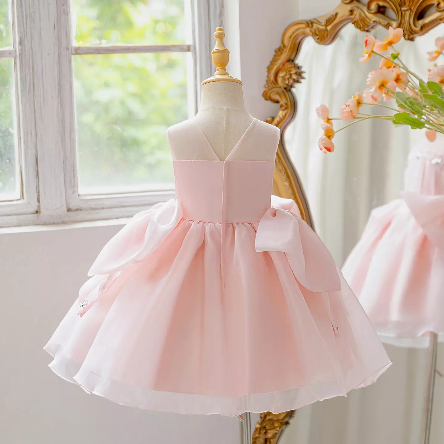 Kayla Peach Pink Knee-Length Party Dress with Tulle Skirt & Bow for Girls