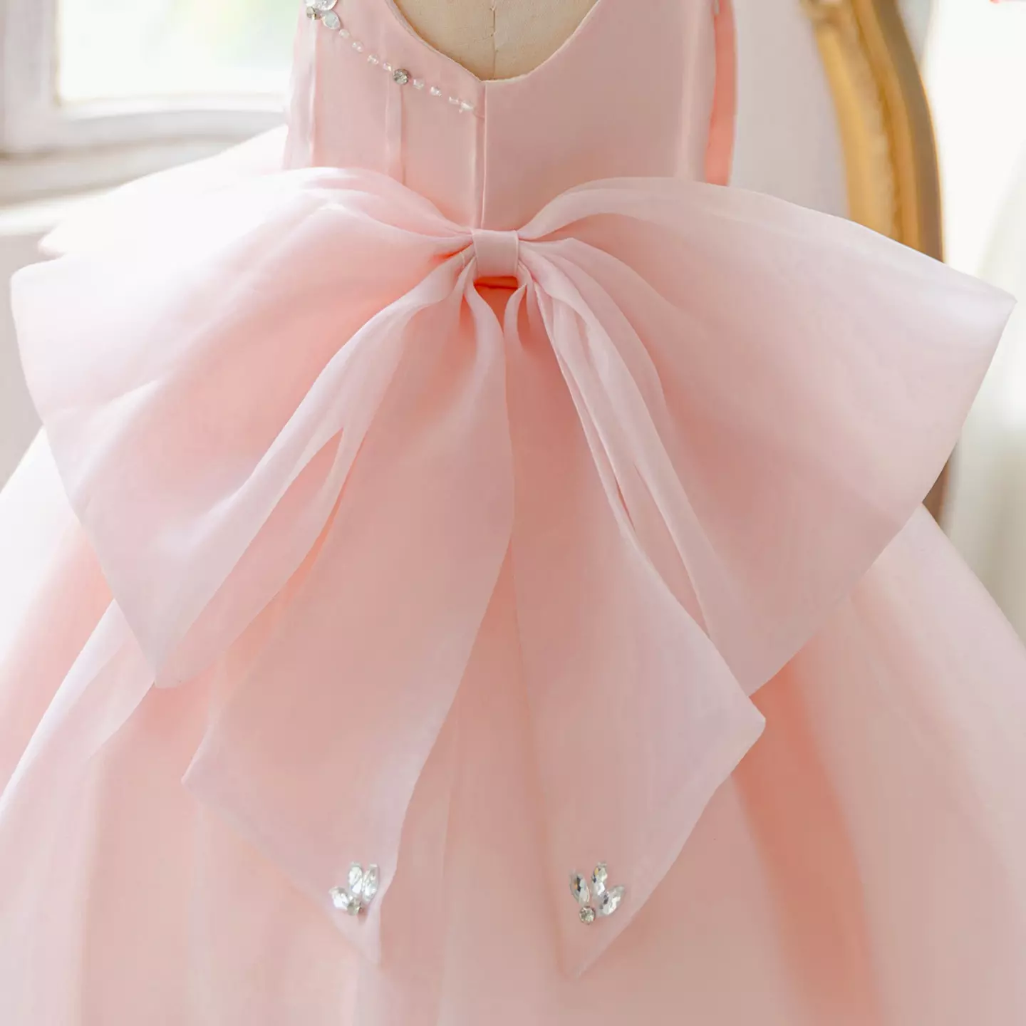 Kayla Peach Pink Knee-Length Party Dress with Tulle Skirt & Bow for Girls