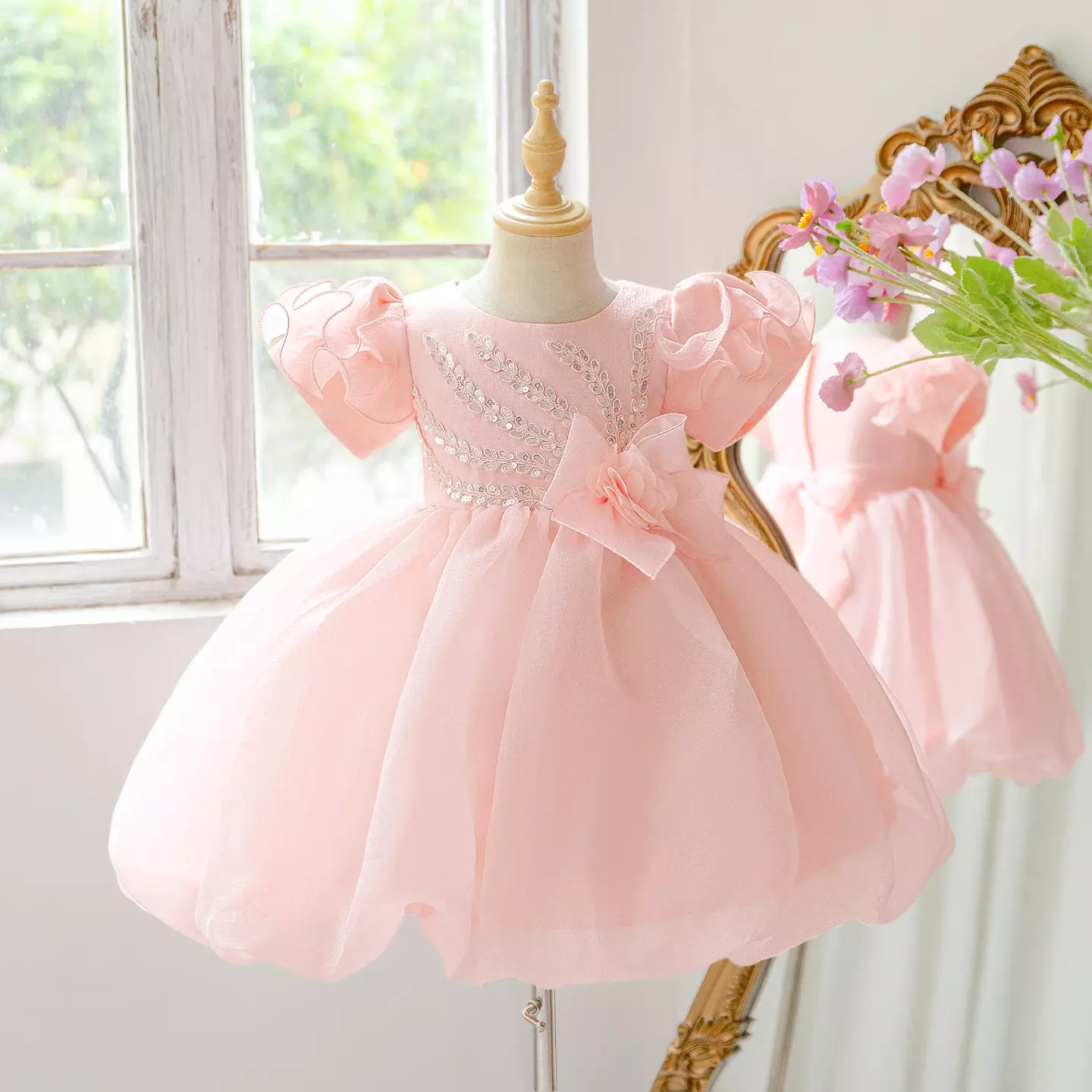 Shaun Peach Pink Beaded Puff Sleeve Tulle Flower Girl Dress, Knee Length