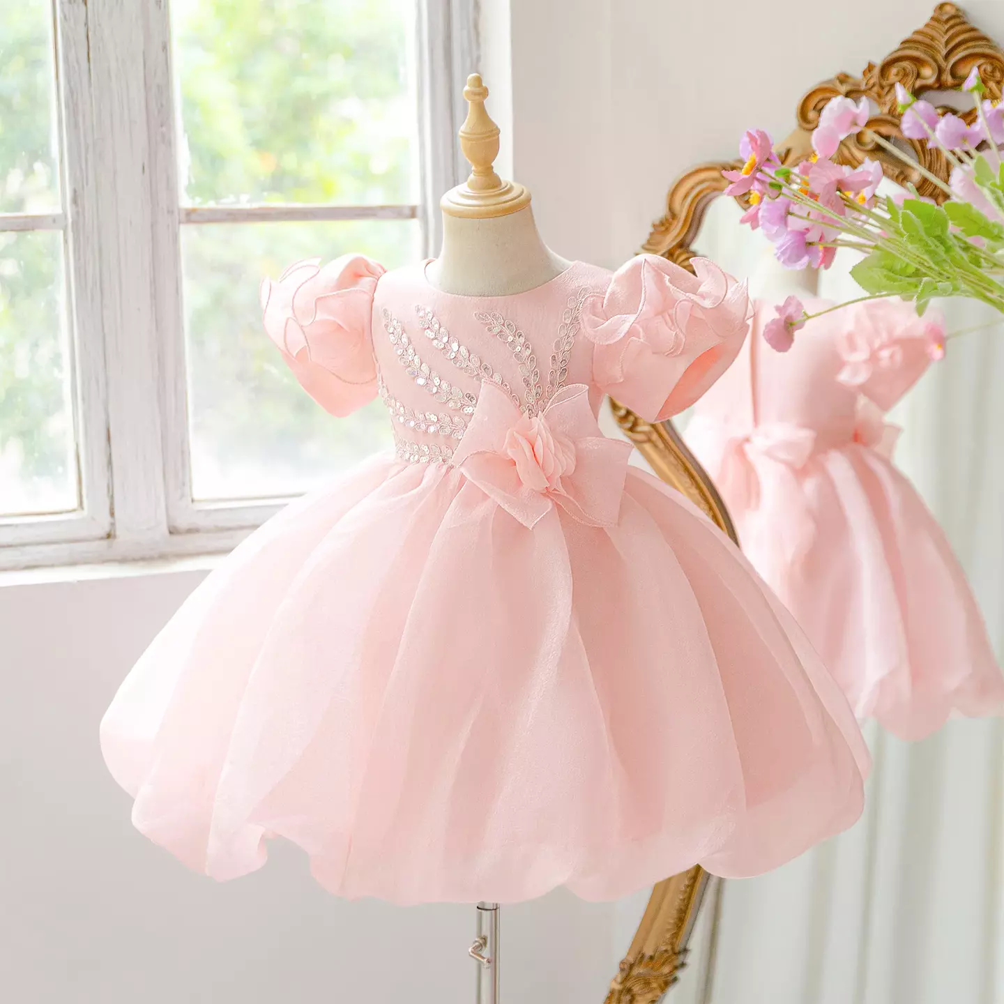 Shaun Peach Pink Beaded Puff Sleeve Tulle Flower Girl Dress, Knee Length