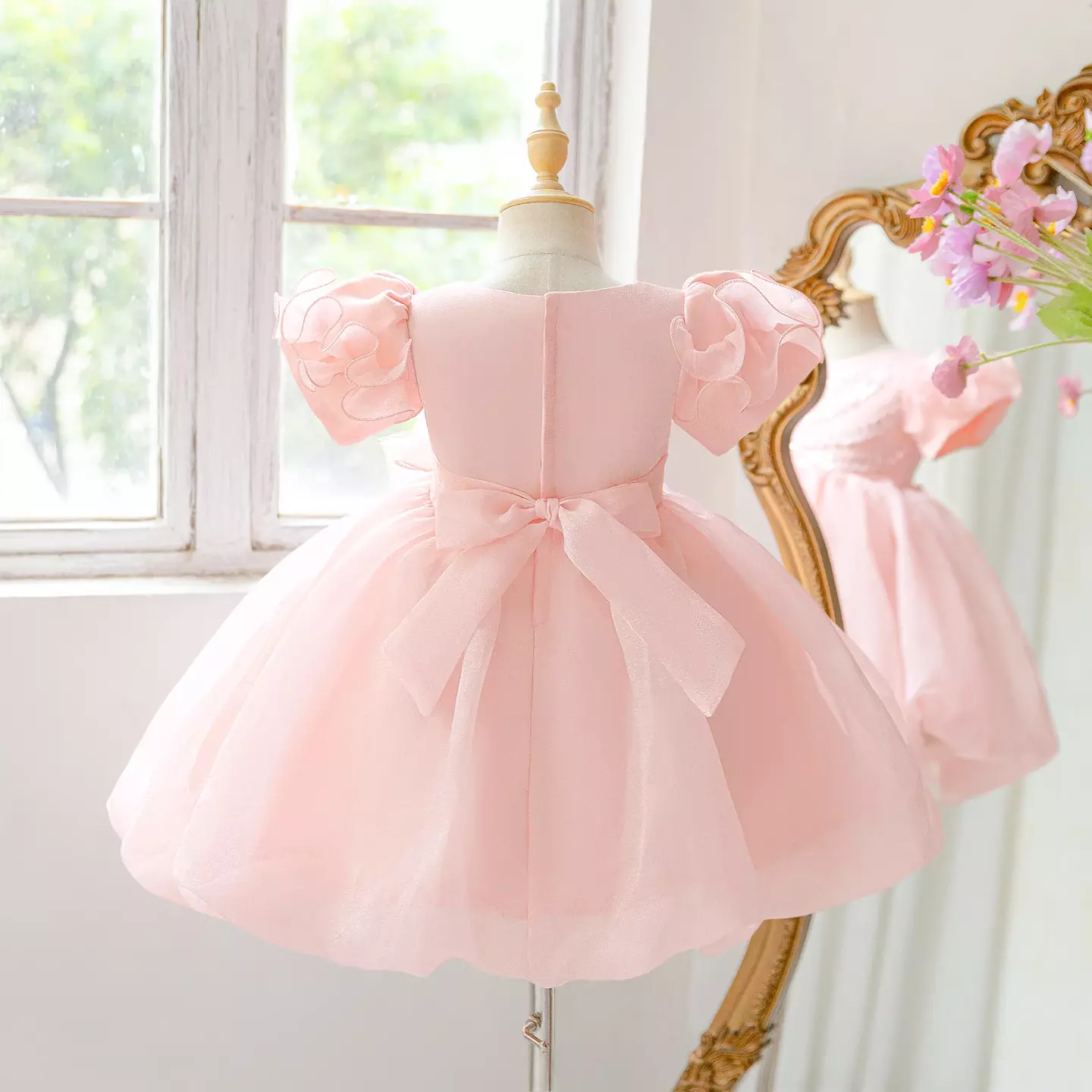 Shaun Peach Pink Beaded Puff Sleeve Tulle Flower Girl Dress, Knee Length
