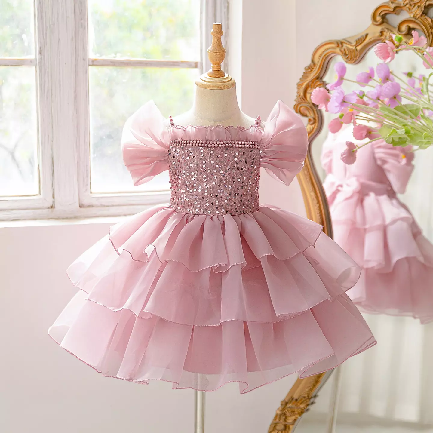 Girls Alica Dusty Pink Pearl Beaded Tiered Tulle Party Dress