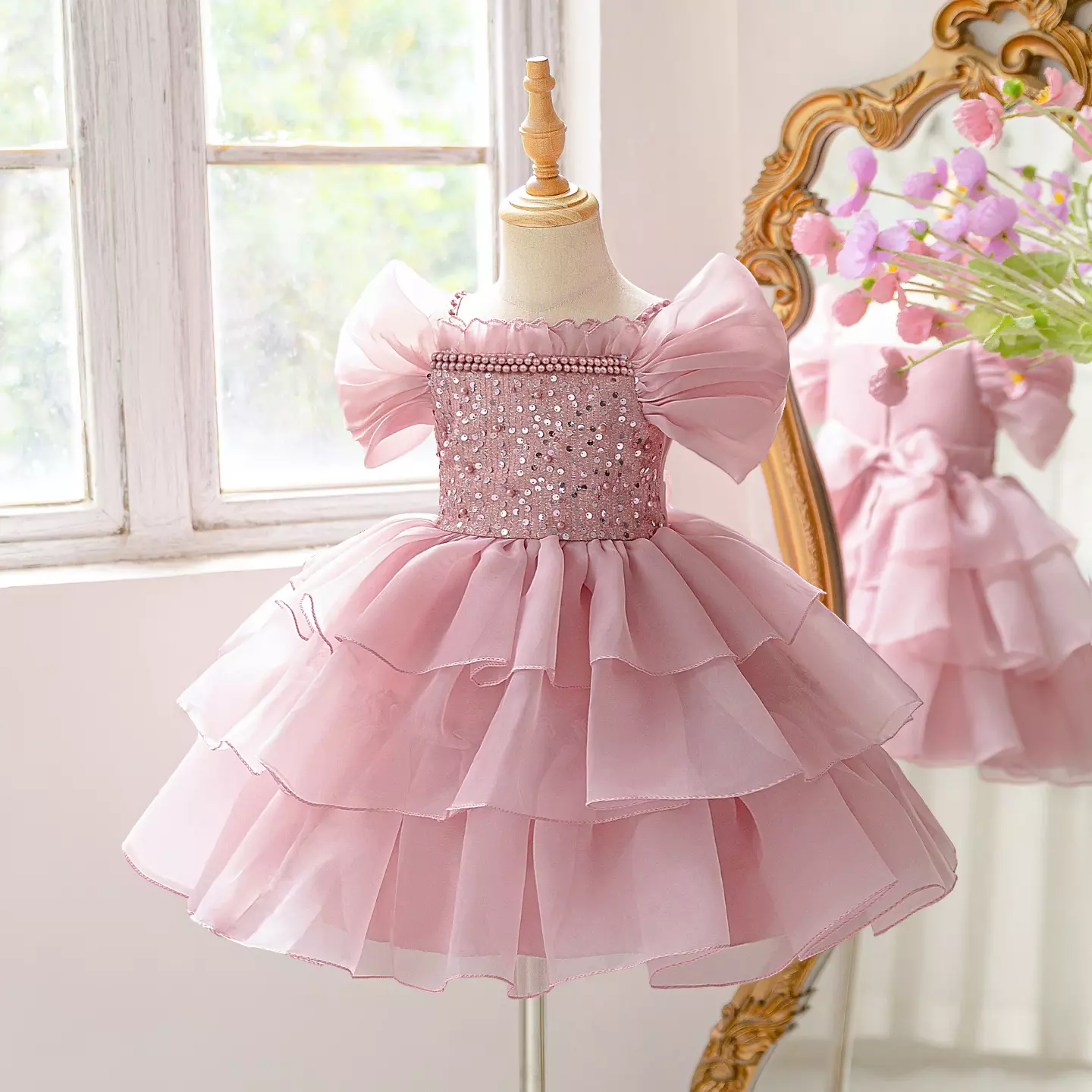 Girls Alica Dusty Pink Pearl Beaded Tiered Tulle Party Dress