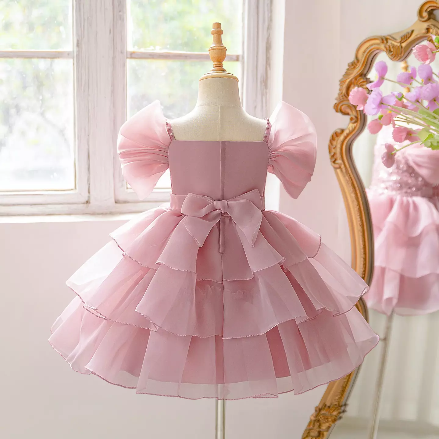 Girls Alica Dusty Pink Pearl Beaded Tiered Tulle Party Dress