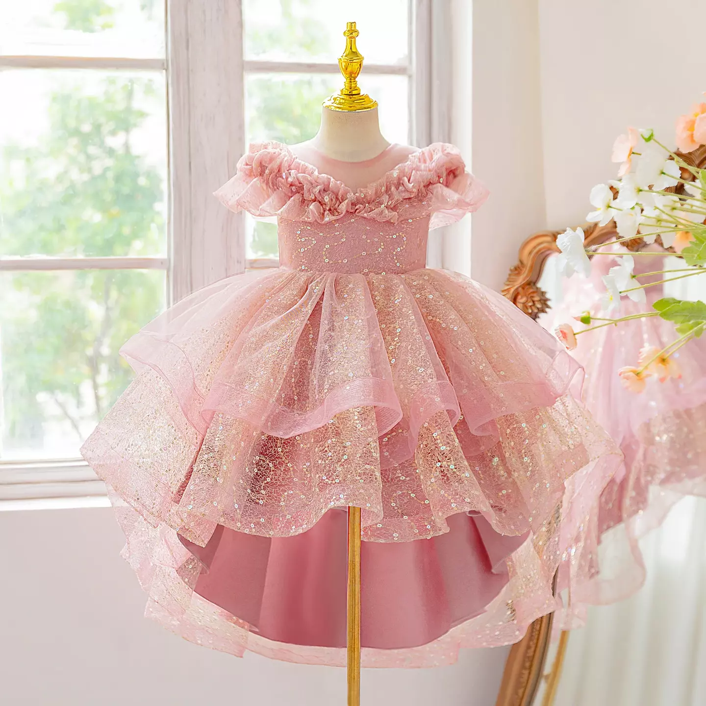 Dara Dusty Pink Sparkle Tulle High-Low Flower Girl Dress