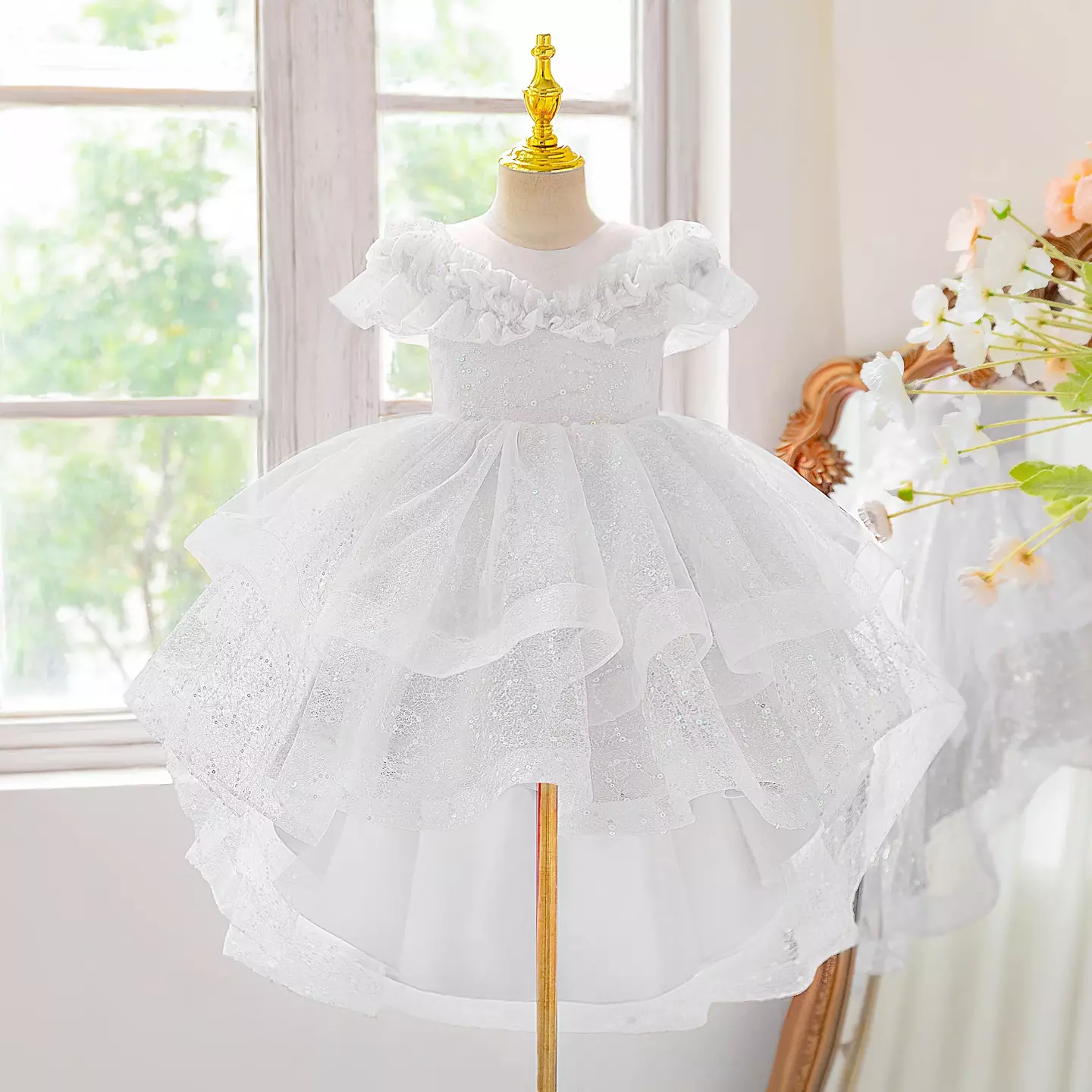 Dara White Sparkle Tulle High-Low Flower Girl Dress