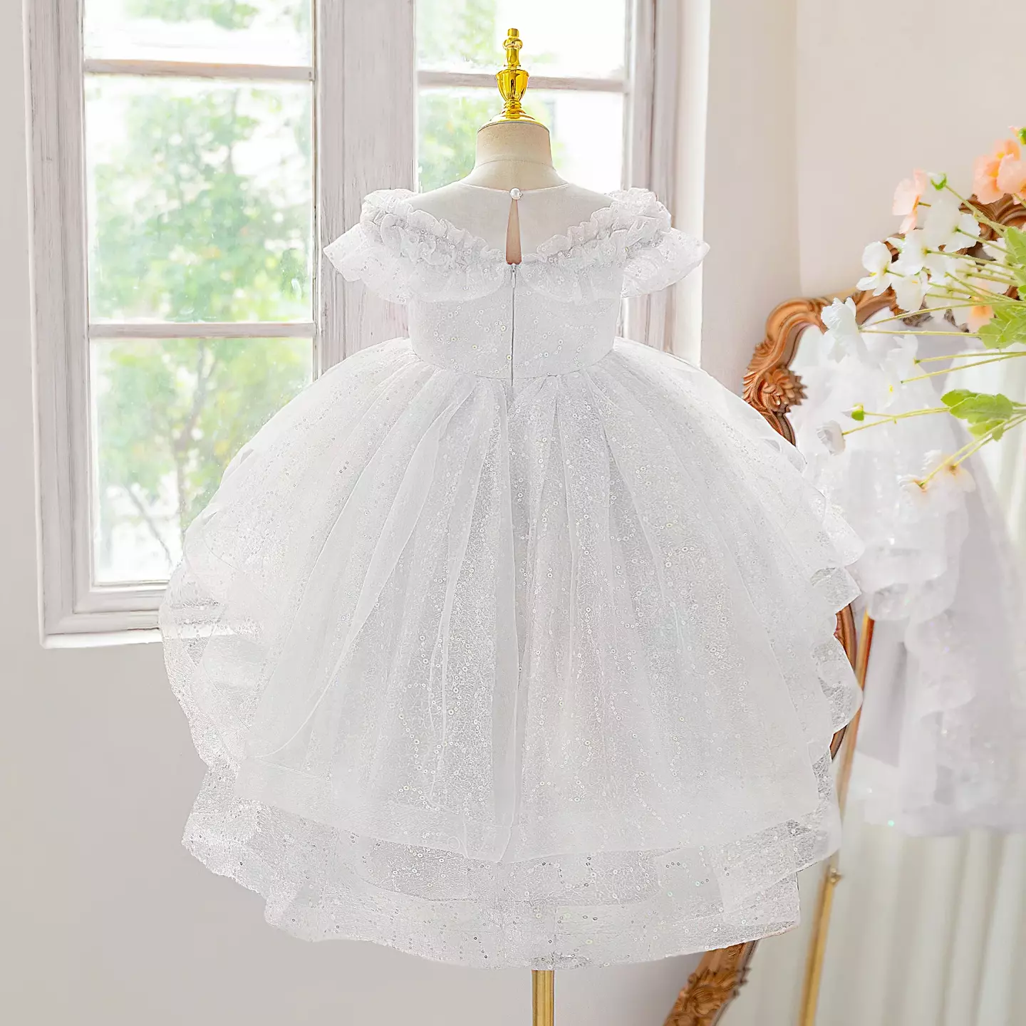 Dara White Sparkle Tulle High-Low Flower Girl Dress