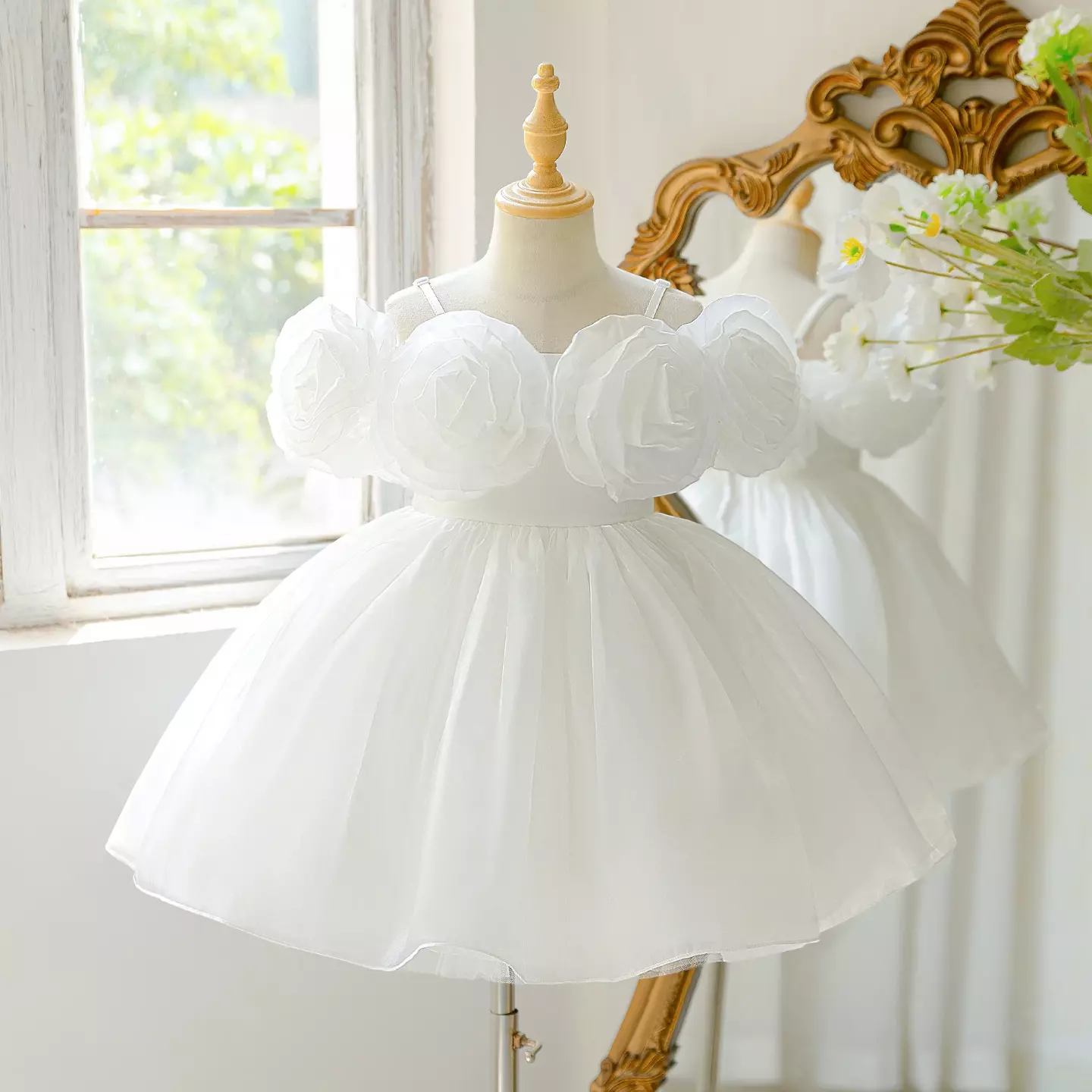 Katie White Flower Girl Dress with 3D Rosette Bodice