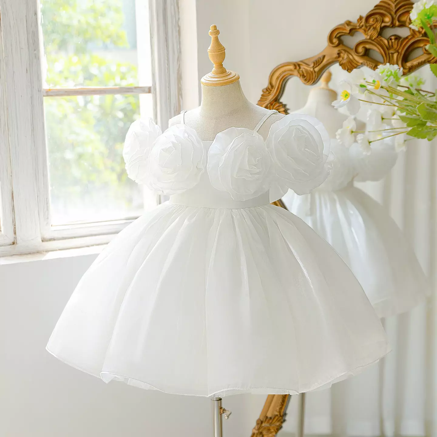 Katie White Flower Girl Dress with 3D Rosette Bodice