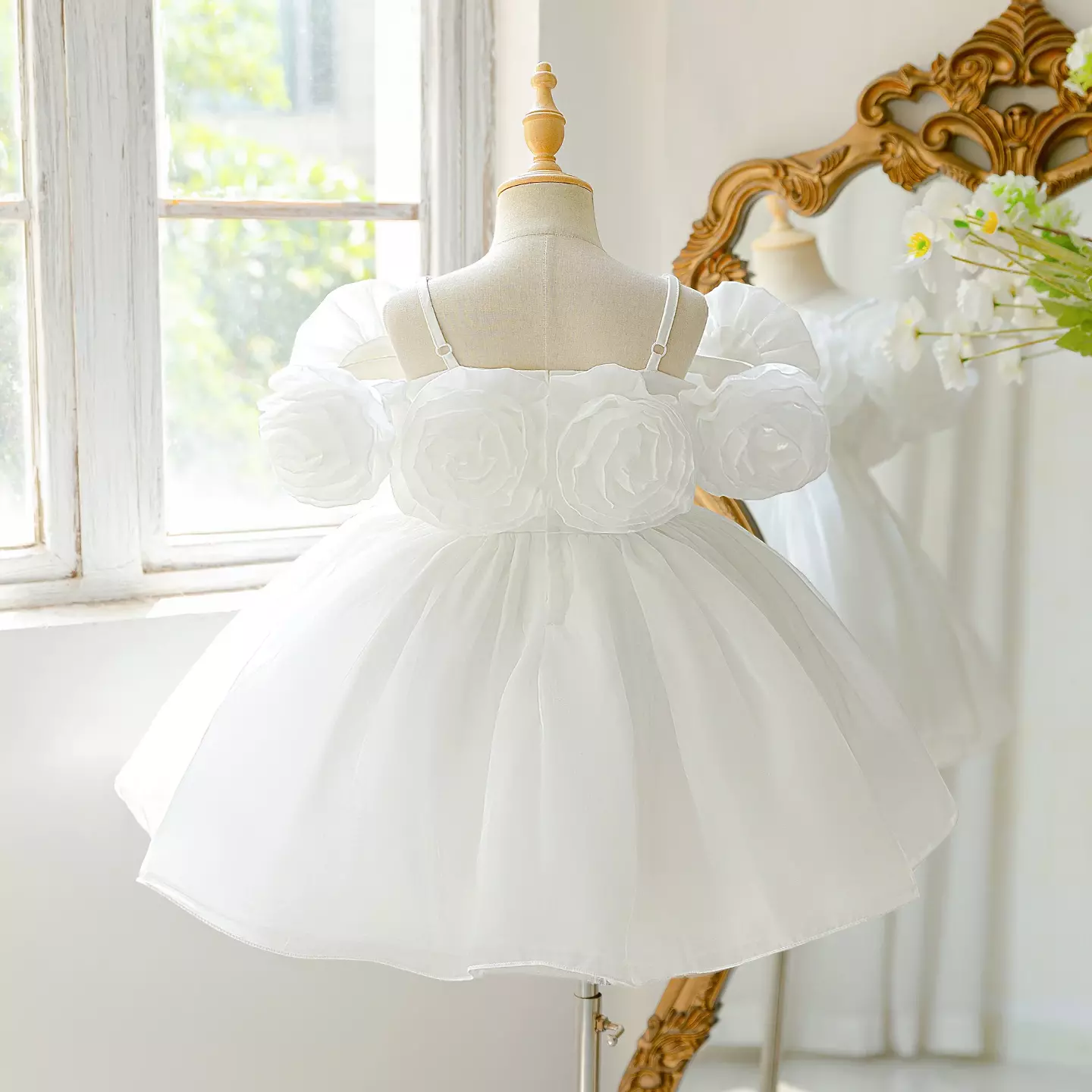 Katie White Flower Girl Dress with 3D Rosette Bodice