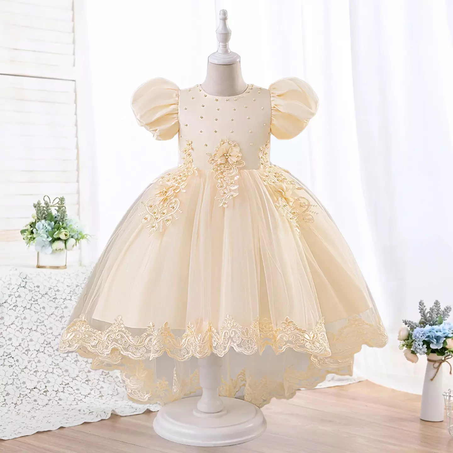 Elena Champagne Flower Girl Dress with 3D Floral Appliqué