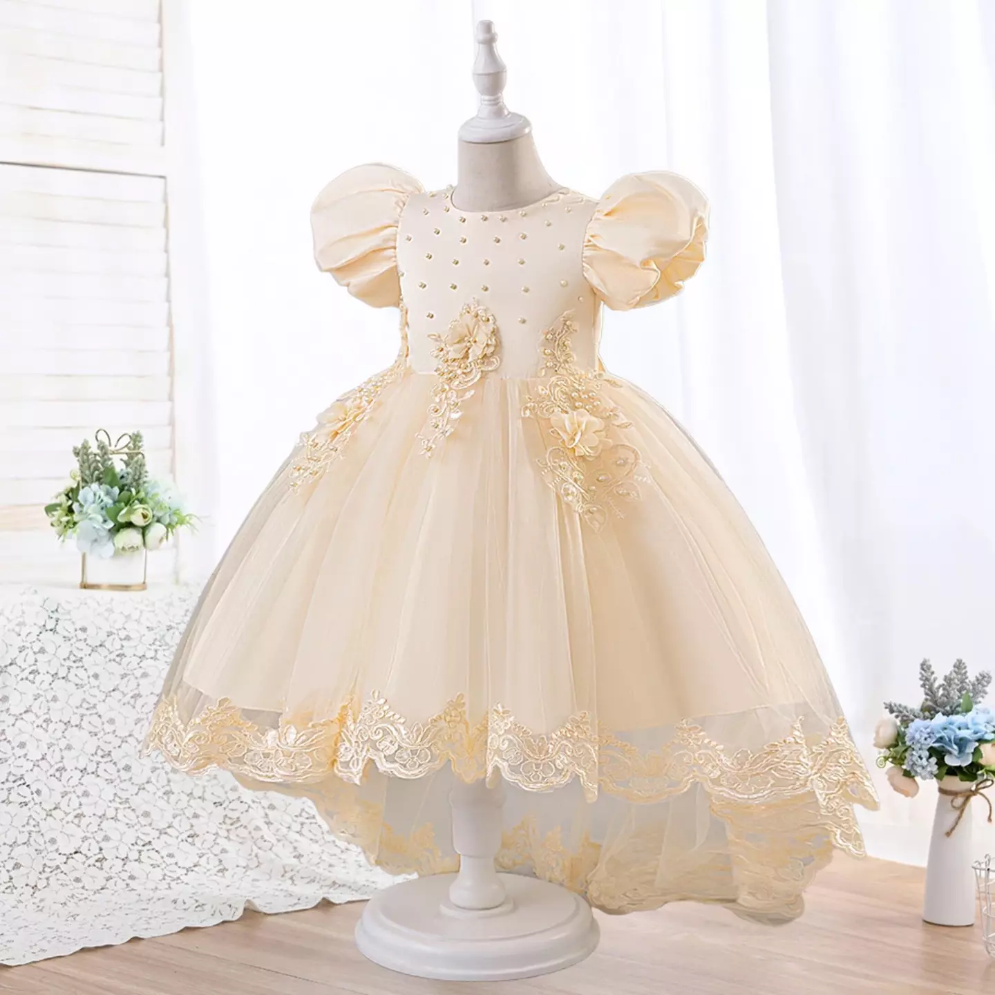 Elena Champagne Flower Girl Dress with 3D Floral Appliqué