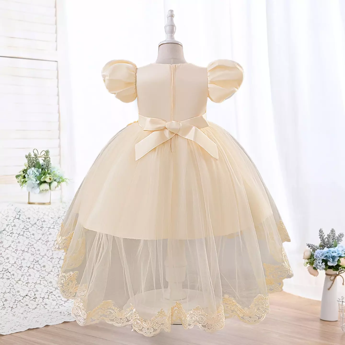Elena Champagne Flower Girl Dress with 3D Floral Appliqué