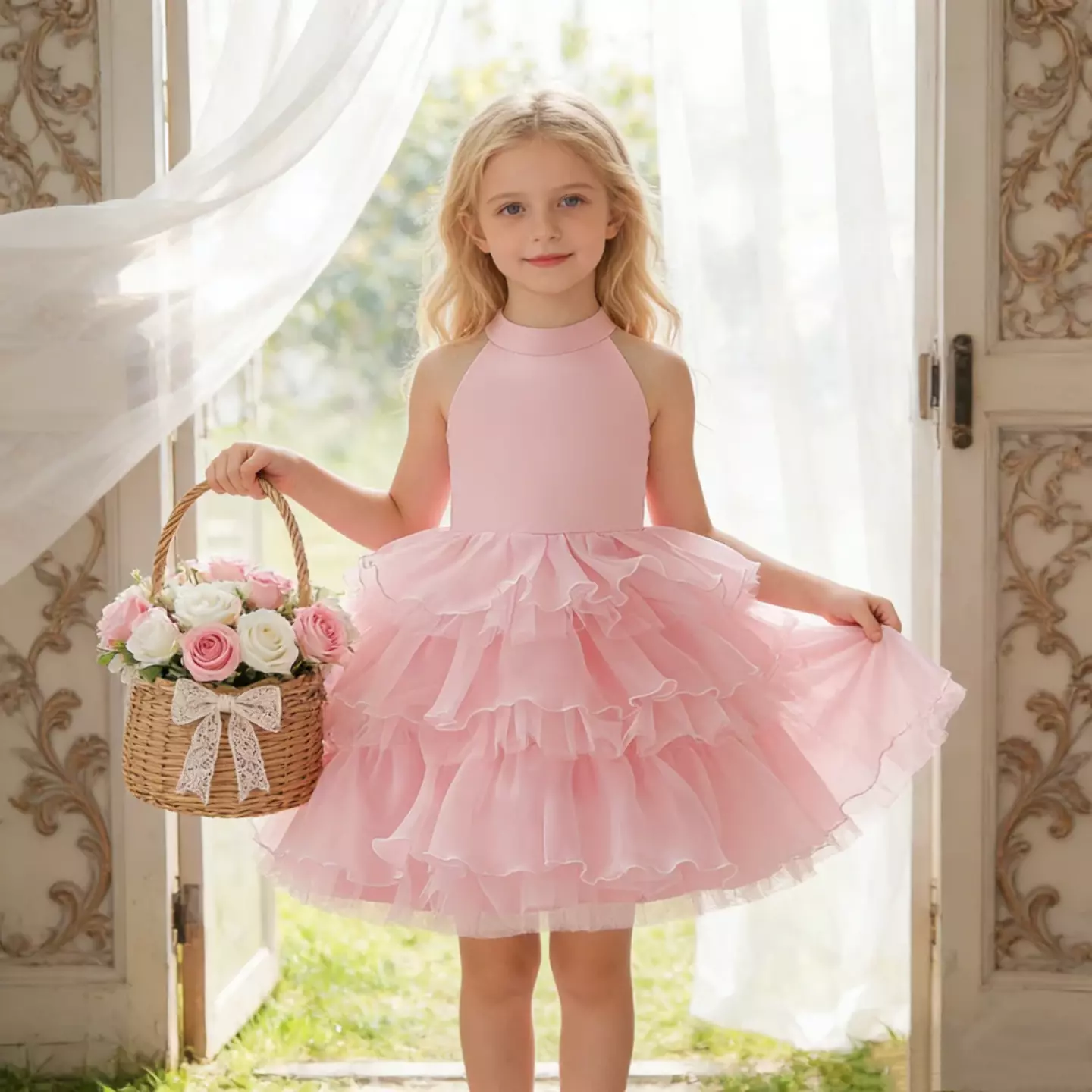 Pink Halter Flower Girl Dress with Tiered Tulle Skirt | Lulu