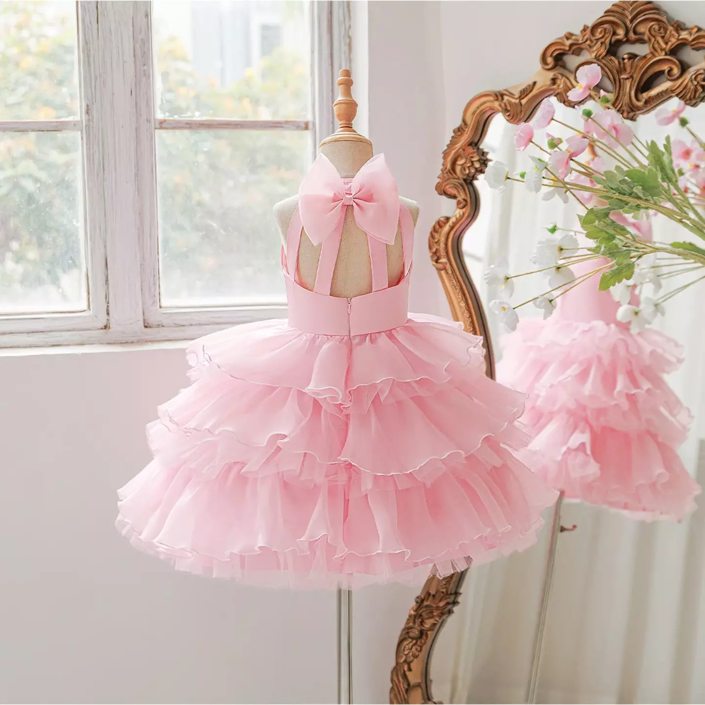 Pink Halter Flower Girl Dress with Tiered Tulle Skirt | Lulu