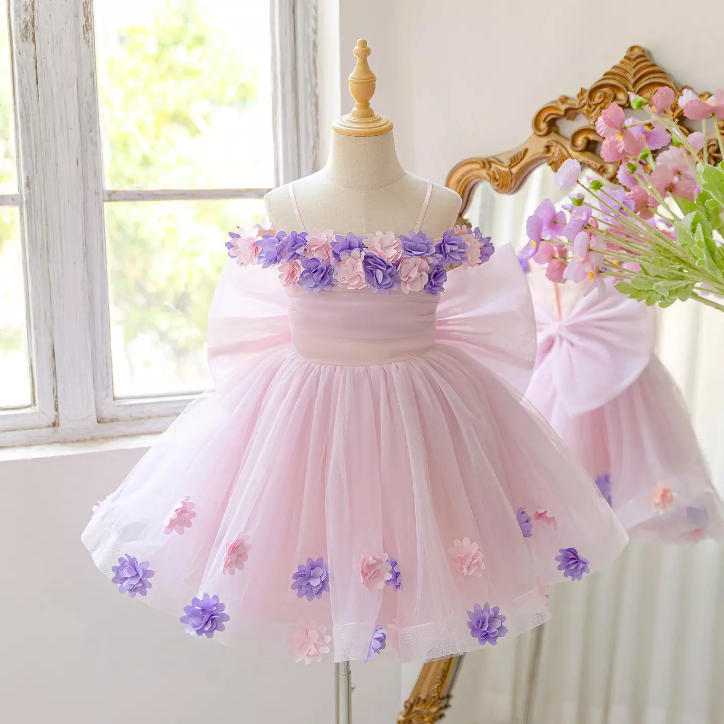 Pink Off-Shoulder Flower Girl Dress with Floral Appliqués & Bow Back | Amber