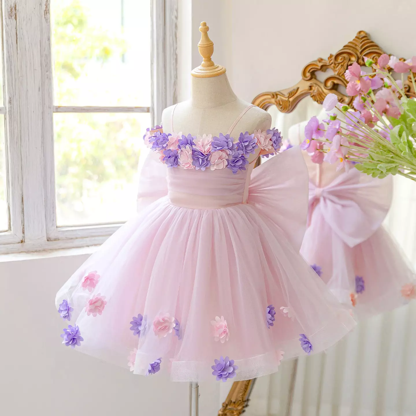 Pink Off-Shoulder Flower Girl Dress with Floral Appliqués & Bow Back | Amber