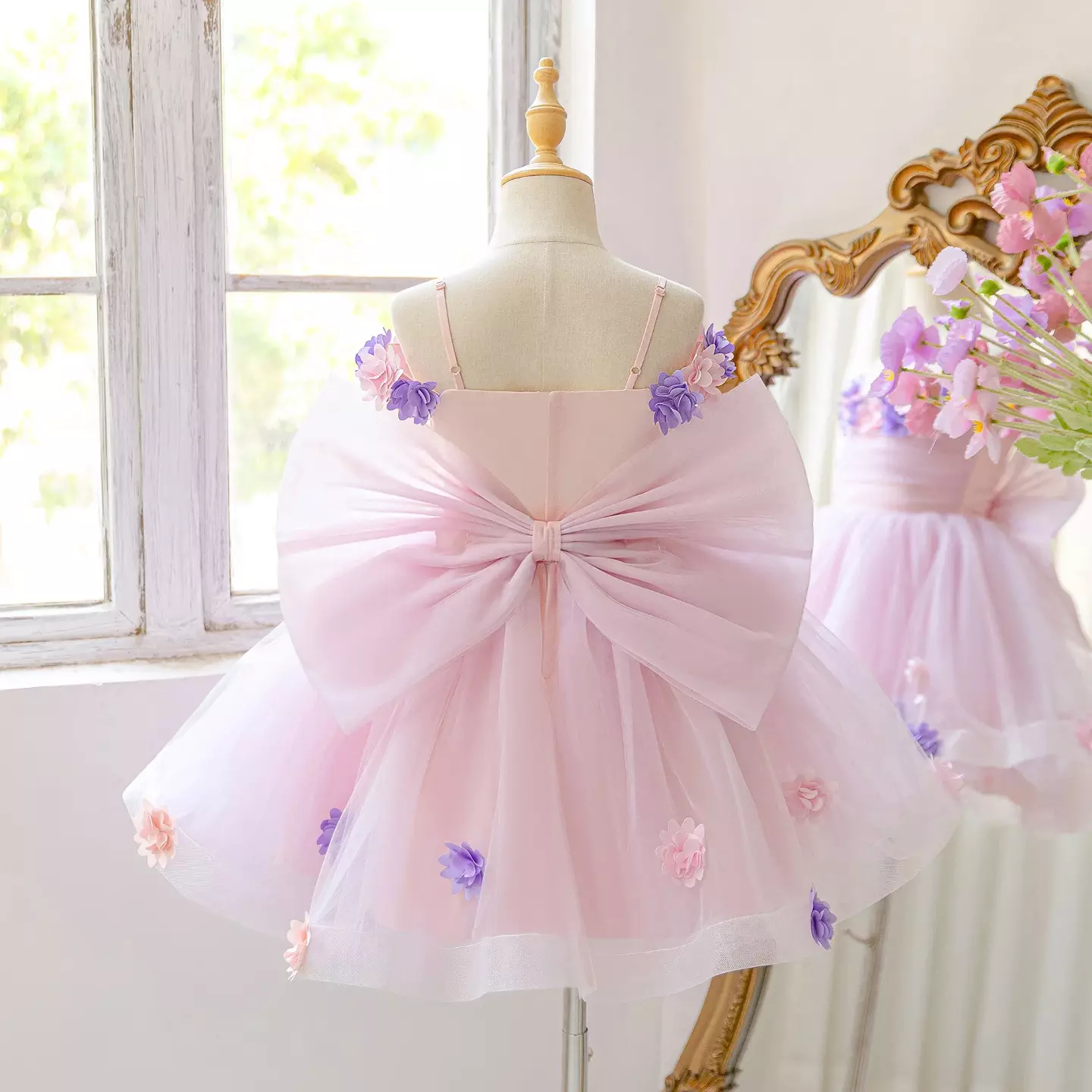 Pink Off-Shoulder Flower Girl Dress with Floral Appliqués & Bow Back | Amber